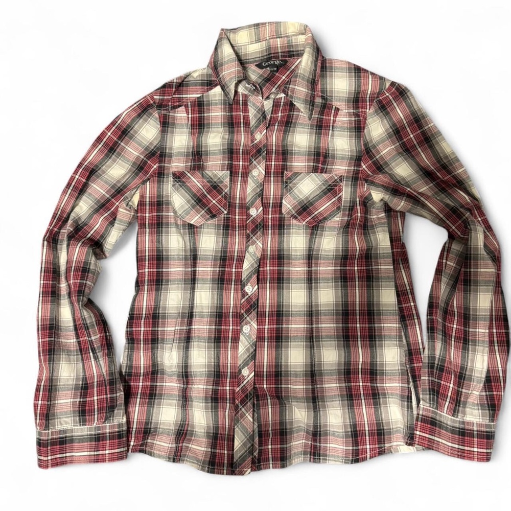 pink and white plaid button up